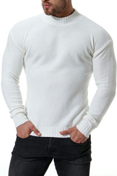 Mens Trendy Sweater Pure Color Rib Hem Long Sleeves Mock Collar Slimming Pullover Sweater