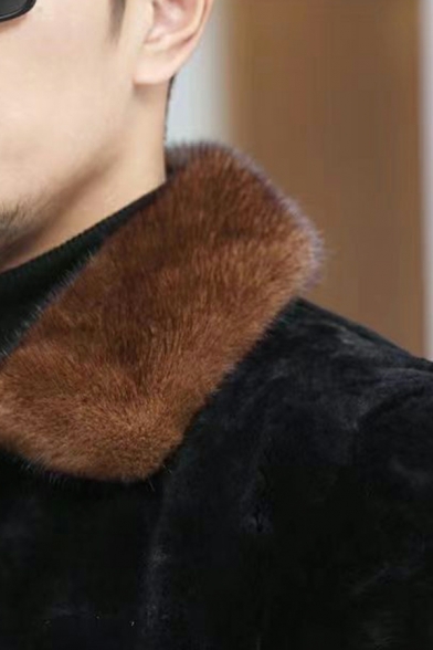Modern Contrast Color Pocket Long Sleeves Spread Collar Zip-up Leather Fur Jacket for Men