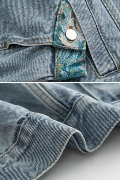 Popular Floral Print Pocket Spread Collar Button Fly Loose Denim Jacket for Ladies