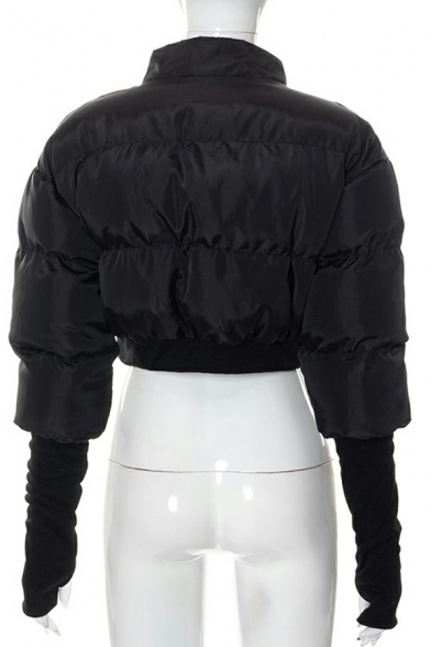 Women Hot Jacket Pure Color Long Sleeve Stand Collar Pocket Zip Closure Skinny Crop Jacket