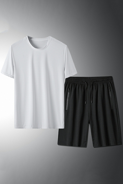 Chic Men Plain Crew Neck Short Sleeves Cropped Tee Shirt with Drawstring Shorts Co-ords
