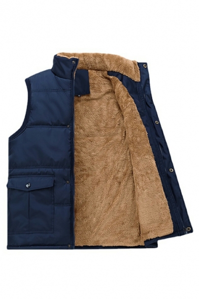 Cozy Pure Color Stand Collar Pocket Slim Button Closure Pocket Brushed Vest for Boys