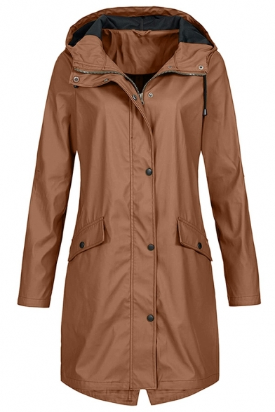 Dashing Ladies Whole Colored Hooded Drawstring Long Sleeves Fitted Zip Fly Trench Coat