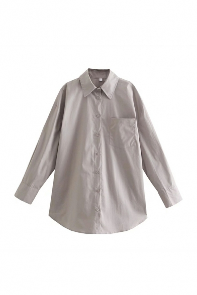Edgy Women Pure Color Chest Pocket Relaxed Turn-down Collar Long Sleeves Button Fly Shirt