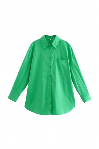 Edgy Women Pure Color Chest Pocket Relaxed Turn-down Collar Long Sleeves Button Fly Shirt