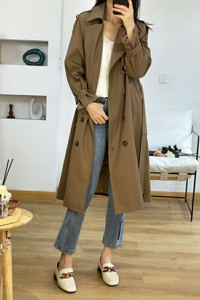 Edgy Women Solid Color Lapel Collar Loose Pocket Long Sleeve Double Breasted Trench Coat