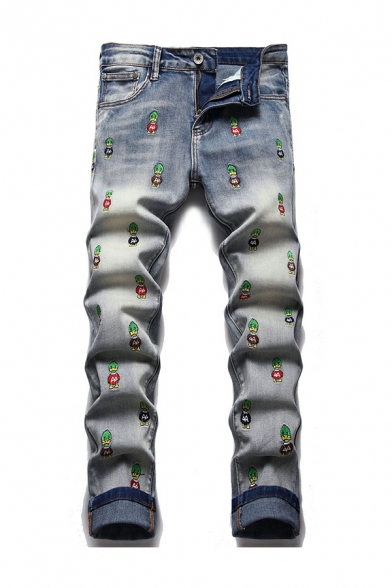 Elegant Star Printed Pocket Design Mid Rise Full Length Straight Zip Placket Jeans for Men