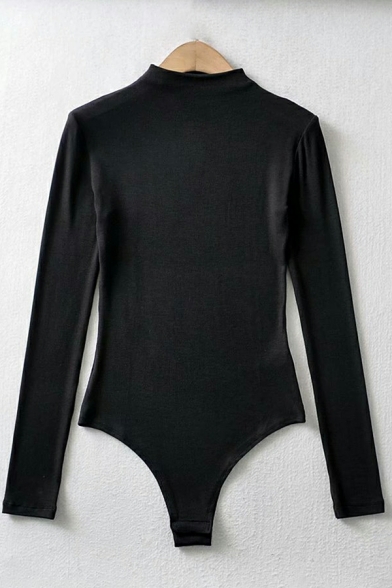 Enchanting Women Solid Color Stand Neck Long Sleeve Skinny Bodysuit
