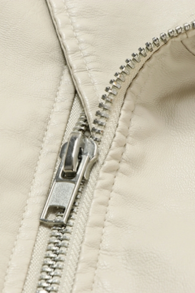 Fancy Ladies Plain Pocket Designed Lapel Collar Long Sleeve Loose Zip Closure Leather Coat