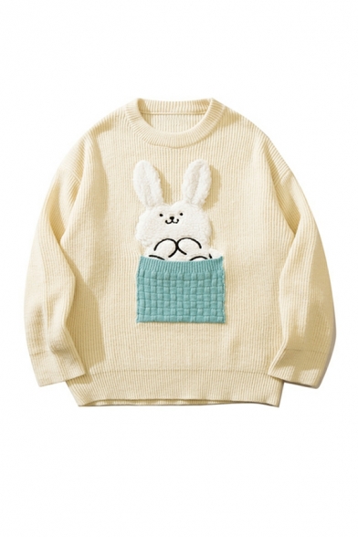 Fashionable Girls Rabbit Printed Crew Collar Long Sleeves Baggy Knitted Top