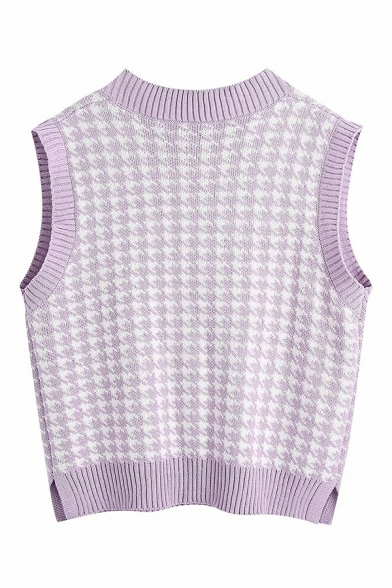 Girlish Houndstooth Pattern Sleeveless V-neck Relaxed Knitted Vest for Women