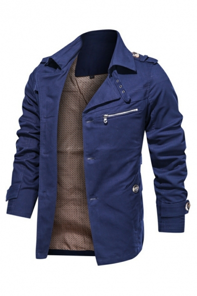 Guy's Trendy Whole Colored Pocket Long-Sleeved Lapel Collar Slim Button Fly Jacket