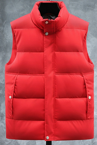 Guys Pop Pure Color Stand Collar Regular Button Detailed Sleeveless Zip Fly Vest for Men
