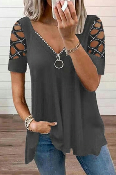 Hot Tee Shirt Pure Color Beading Short Sleeve V Neck Zip down Hollow T-shirt for Girls