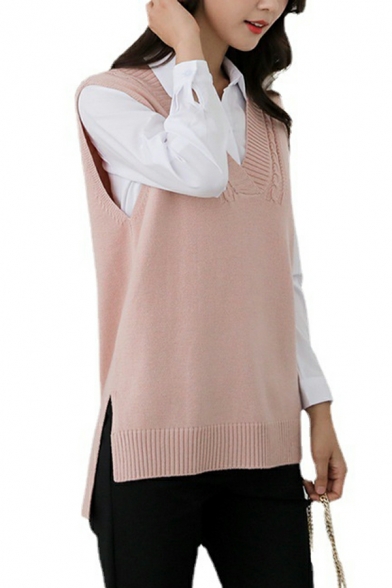 Leisure Ladies Solid Color Sleeveless Fitted V-neck Rib Hem Knitted Vest