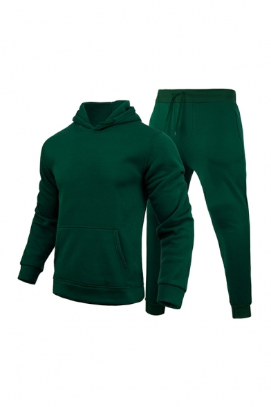 Simple Pure Color Long Sleeve Pocket Front Hoodie with Drawstring Pants Two Piece Set