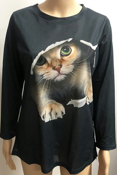 Simple Women 3D Cat Pattern Crew Neck Long Sleeve Regular Tee Shirt