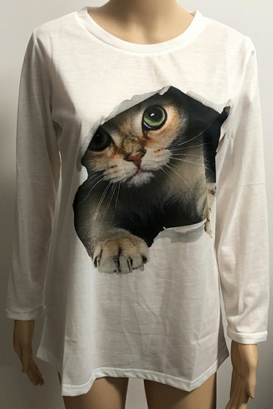 Simple Women 3D Cat Pattern Crew Neck Long Sleeve Regular Tee Shirt