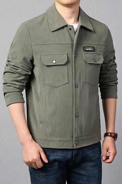Street Look Solid Chest Pocket Long Sleeves Regular Button Fly Spread Neck Jacket for Guys