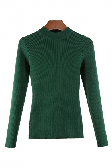 Stylish Women Whole Colored Regular Long Sleeves Crew Collar Knitted Top