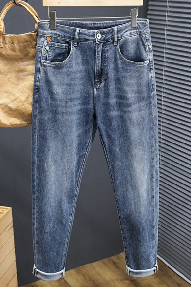 Unique Guy's Plain Pocket Designed Ankle Length Regular Zip Placket Jeans