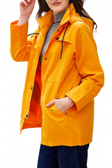 Unique Pure Color Long Sleeve Slim Button Placket Hooded Drawstring Trench Coat for Girls