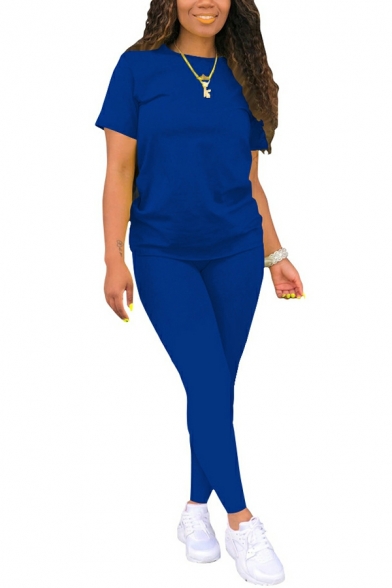 Women Classic Solid Short Sleeve Round Collar Tee Shirt & Pants Slim Fitted Co-ords