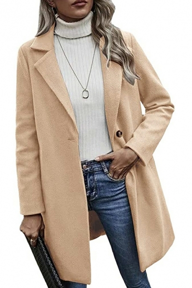 Women Freestyle Plain Pocket Loose Long-sleeved Lapel Collar Single Button Trench Coat