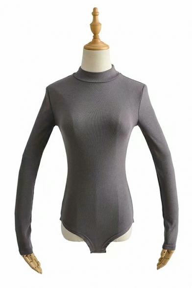 Women Modern Whole Colored Regular Fit High Collar Long Sleeve Bodysuit