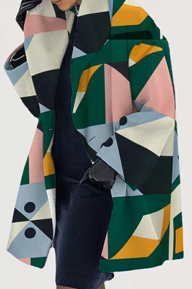 Women Street Look 3D Geometric Print Spread Collar Long Sleeve Single Button Trench Coat