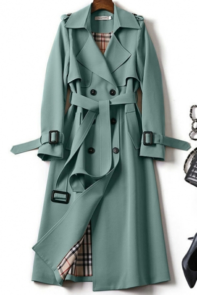 Women Street Look Pure Color Lapel Collar Loose Belt Long Sleeve Button Fly Trench Coat