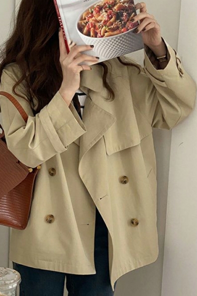 Women Stylish Solid Lapel Collar Baggy Long Sleeve Double Breasted Trench Coat