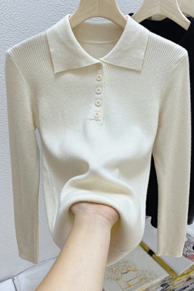 Women Trendy Spread Collar Half Button Placket Long-sleeved Regular Fit Knitted Top