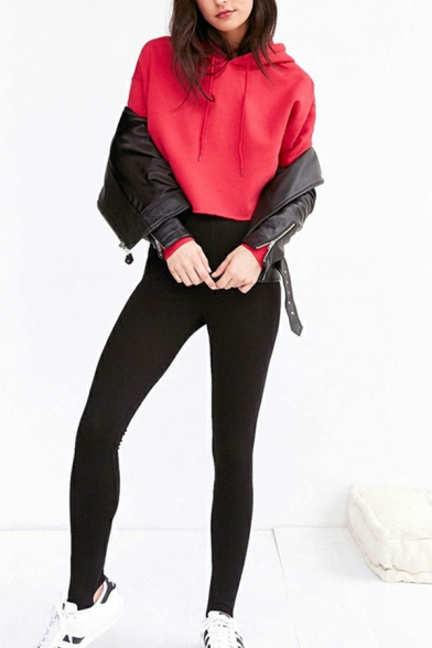 Women Urban Whole Colored Hooded Fitted Drawstring Long-Sleeved Cropped Hoodie