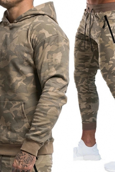 Boy's Street Style Camouflage Print Hooded Long Sleeve Hoodie with Drawcord Pants Co-ords