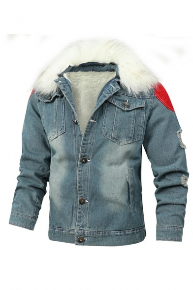 Boyish Contrast Color Pocket Long Sleeve Fleece Hooded Skinny Button Fly Jacket for Guys