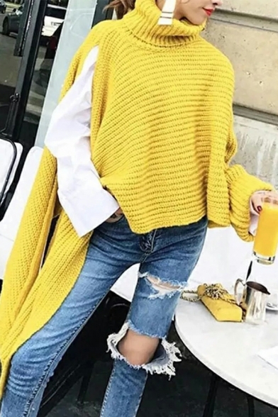 Dashing Whole Colored Side Split Turtle Neck Long-sleeved Irregular Knitted Top for Ladies