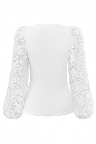 Edgy Women Solid Color Round Neck Lace Design Long Sleeves Curve Hem Knitted Top