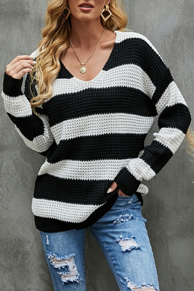 Fascinating Girls Striped Print V Neck Long Sleeve Loose Fitted Knitted Top