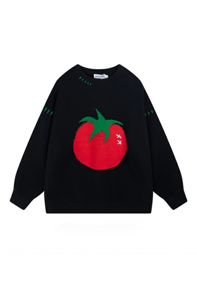 Fashion Ladies Tomato Print Long Sleeve Round Neck Loose Fit Knitted Top
