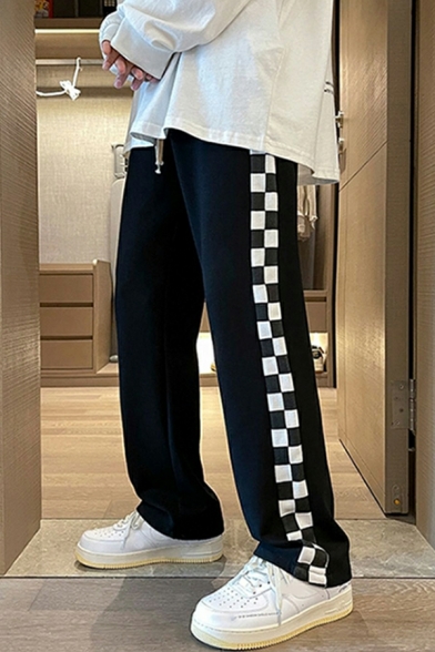 Fashion Men Plaid Print Pocket Long Length Mid Rise Drawstring Waist Loose Pants