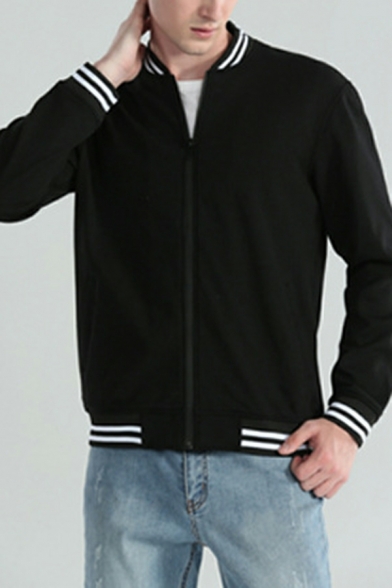 Fashion Striped Print Pocket Long Sleeve Regular Fitted Zip down Baseball Jacket for Guys