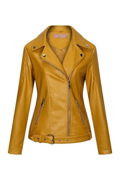 Fashionable Ladies Solid Color Lapel Collar Long Sleeve Slim Fitted Zip Up Leather Jacket