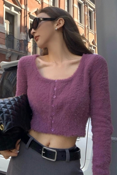 Freestyle Pure Color Scoop Collar Long Sleeves Button Design Crop Knitted Top for Women