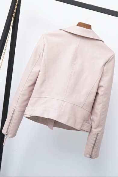 Girl's Trendy Solid Pocket Detailed Lapel Collar Long Sleeves Zip Down Leather Jacket