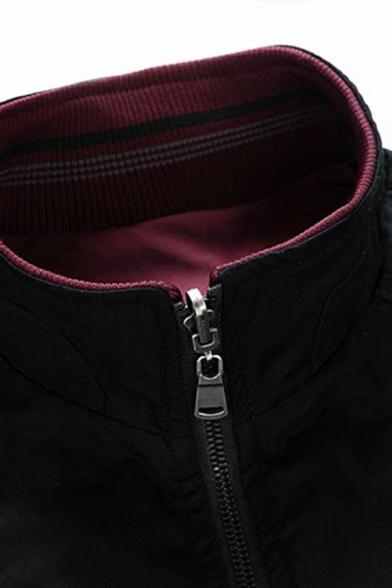 Guy's Vintage Stripe Printed Pocket Designed Long Sleeve Stand Collar Zip Placket Jacket