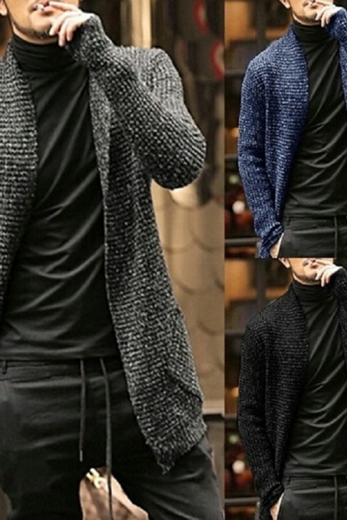 Guys Chic Solid Color Long Sleeve Waterfall Regular Fitted Open Front Coat