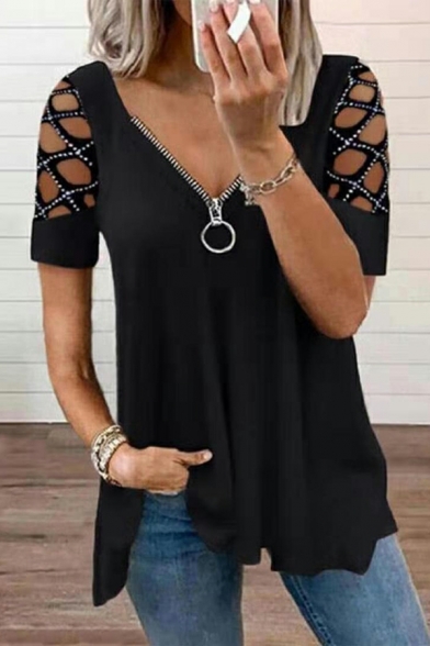 Hot Tee Shirt Pure Color Beading Short Sleeve V Neck Zip down Hollow T-shirt for Girls