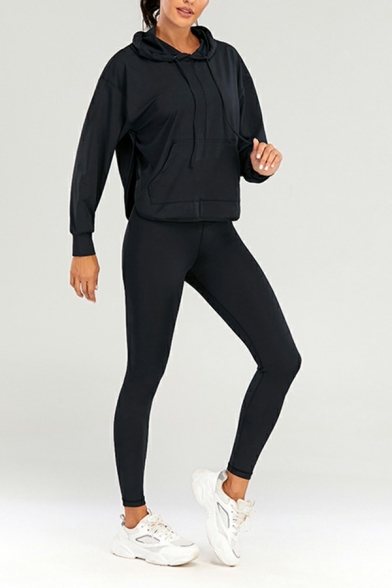 Ladies Plain Sports Suit Hooded Long Sleeve Back Hollow Top & Tight Fitness Trousers