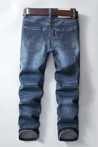 Men Boyish Pure Color Pocket Decoration Mid Rise Straight Zipper Jeans
